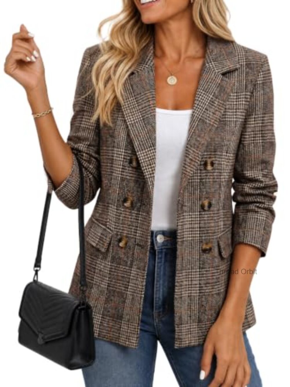 Women's Plaid Double Breasted Blazer Tailored Work Office Jacket